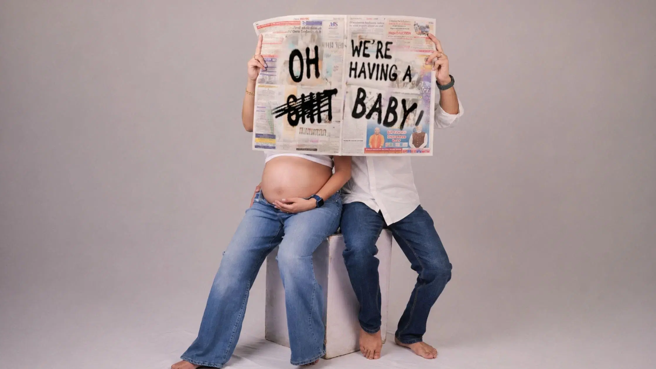 maternity shoot dress ideas featuring casual denim and white shirts by Indo Frames.